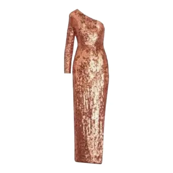 Mac Duggal Cognac Gold Sequin One-Shoulder Gown Size 8 - Picture 3 of 11